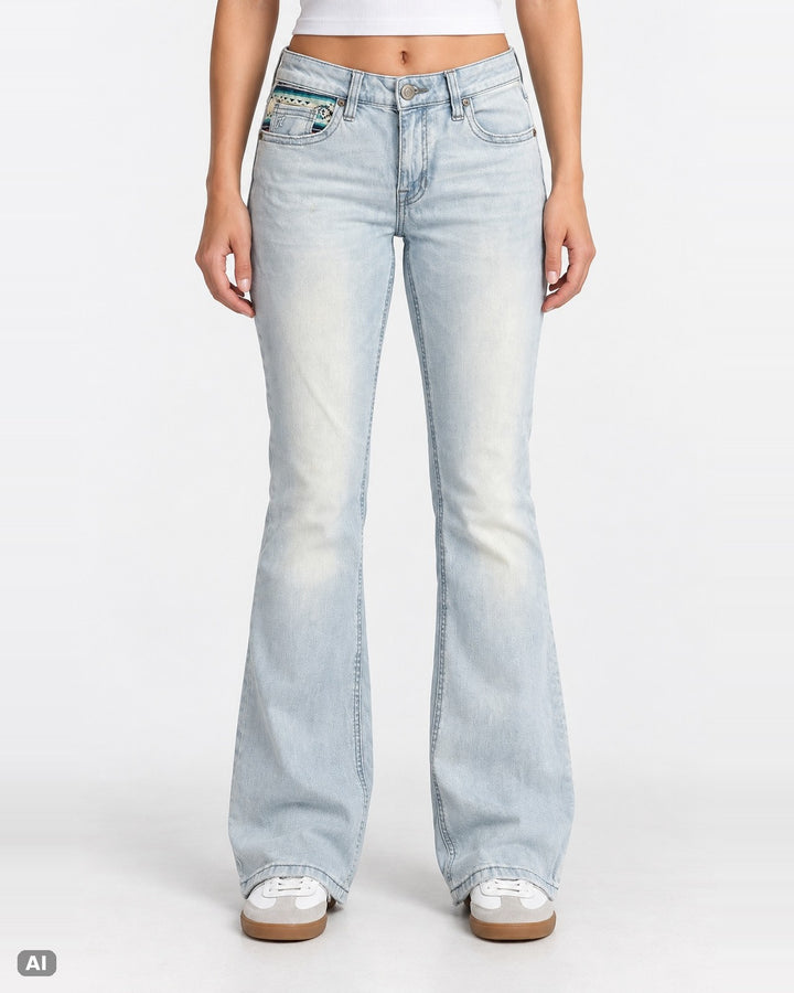 Rock & Roll Denim Mid Rise Bootcut Jeans – Gr. EU 36 / S – Ganzkörper, KI-Visualisierung am Model