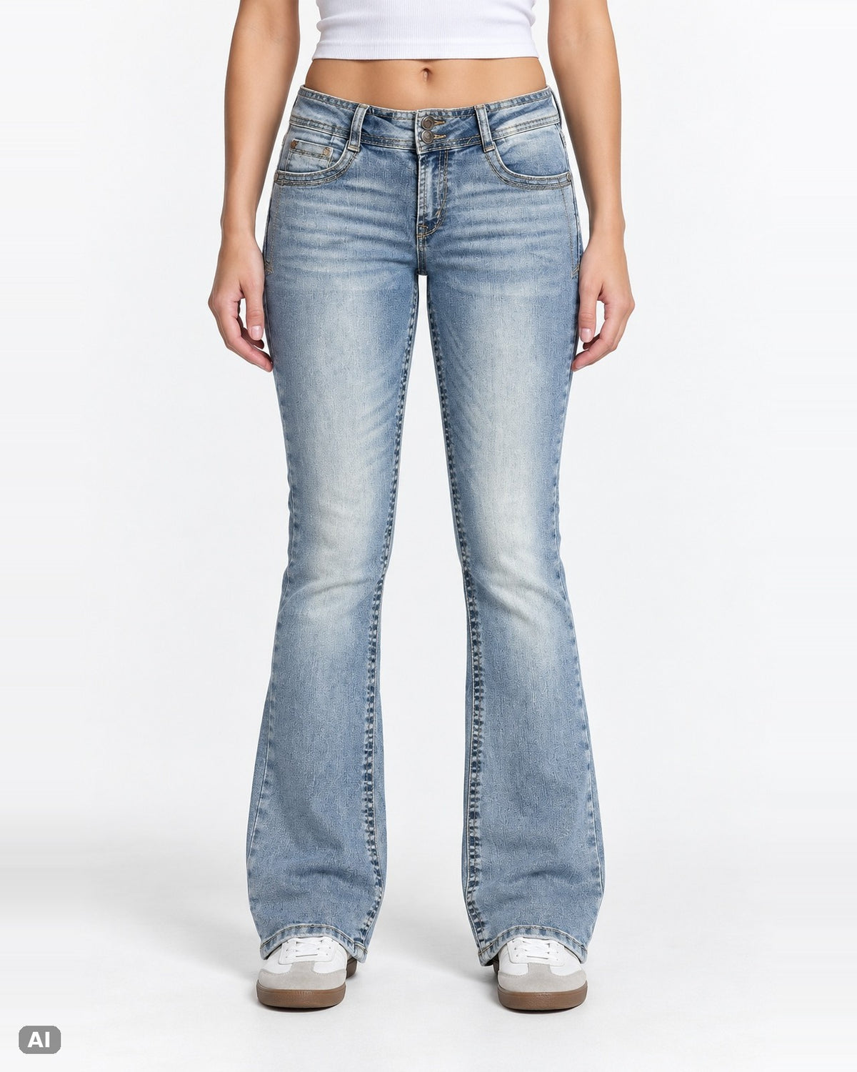 Wallflower Curvy Fit Mid-Waist Bootcut-Jeans – Gr. EU 40 / L – Ganzkörper, KI-Visualisierung am Model