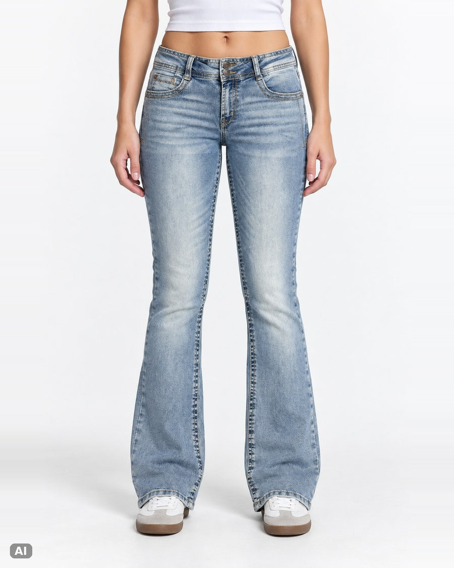 Wallflower Curvy Fit Mid-Waist Bootcut-Jeans – Gr. EU 40 / L – Ganzkörper, KI-Visualisierung am Model