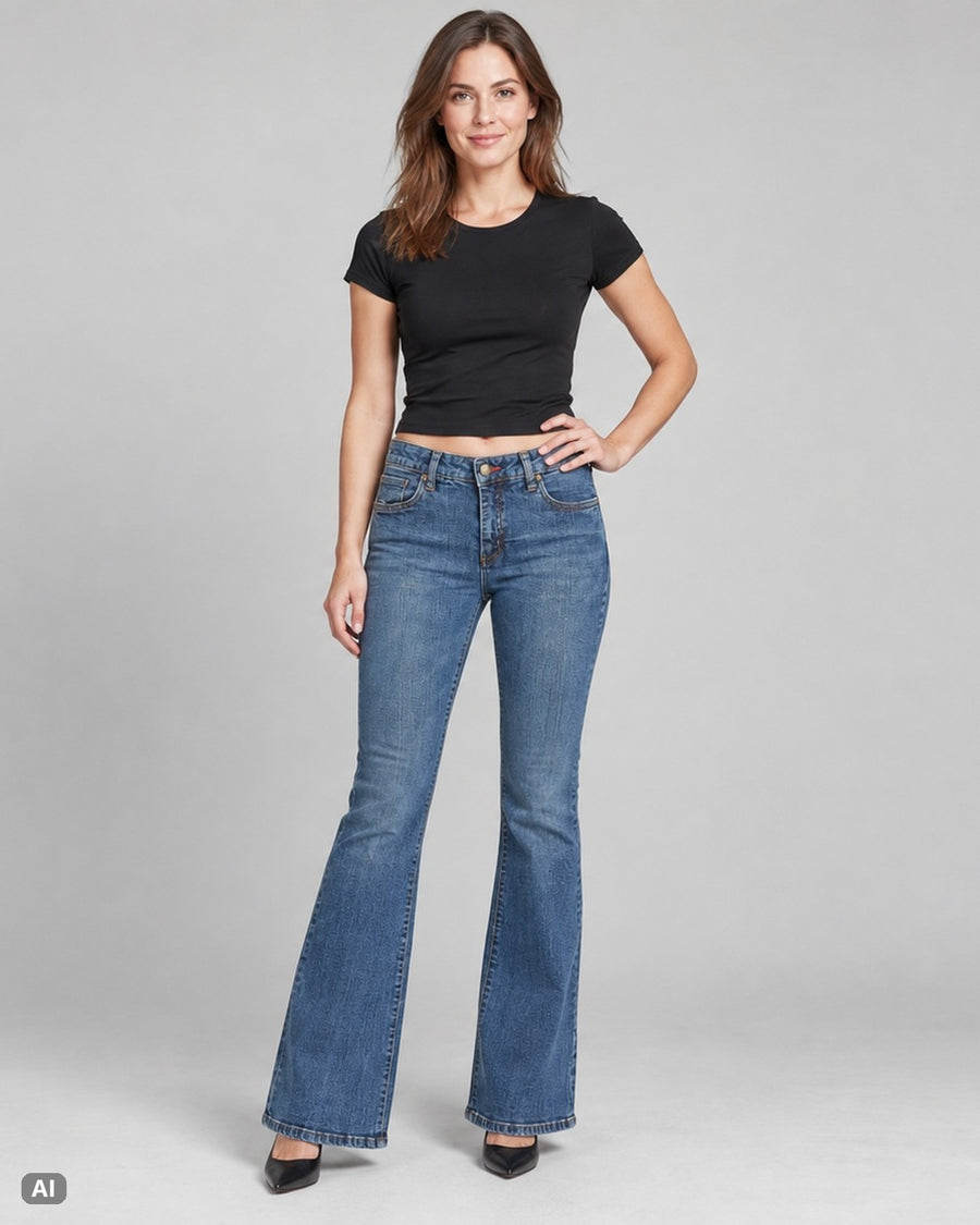 Smiths Taschenstickerei Mid Rise Bootcut Jeans – Gr. EU 36 / S – Ganzkörper, KI-Visualisierung am Model