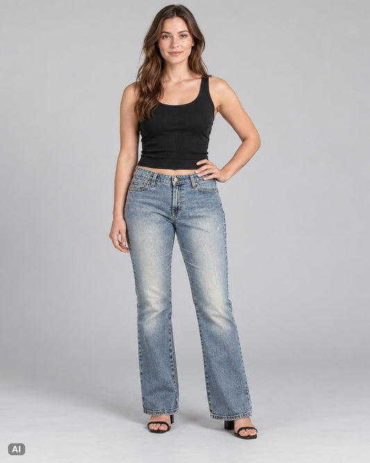 St. John's Bay Bootcut Mid Rise Jeans – Gr. EU 38 / M – Ganzkörper, KI-Visualisierung am Model