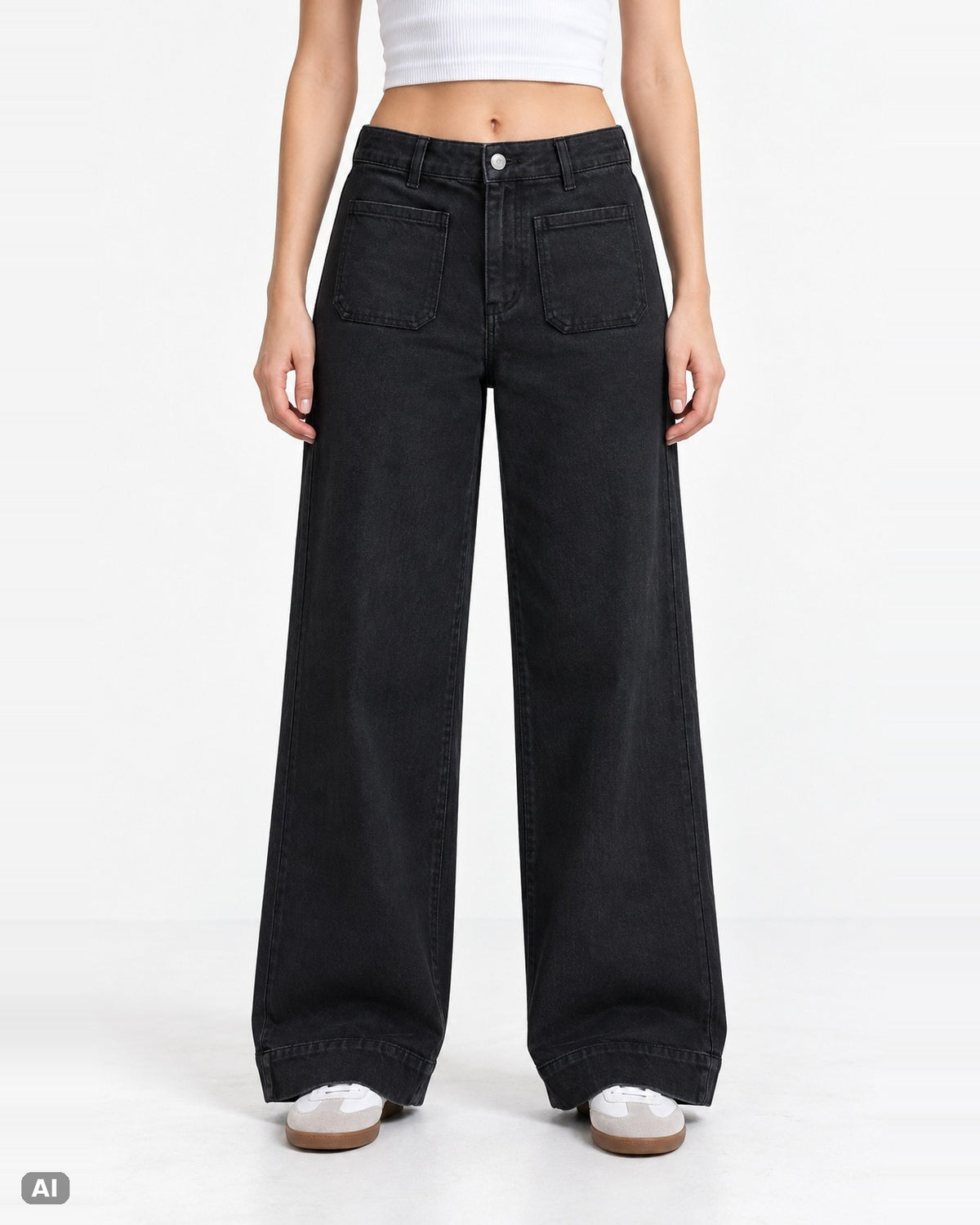 Marivy Wide Leg Baggy Fit Klassische Taille Mid Rise Jeans – Ganzkörper, KI-Visualisierung am Model