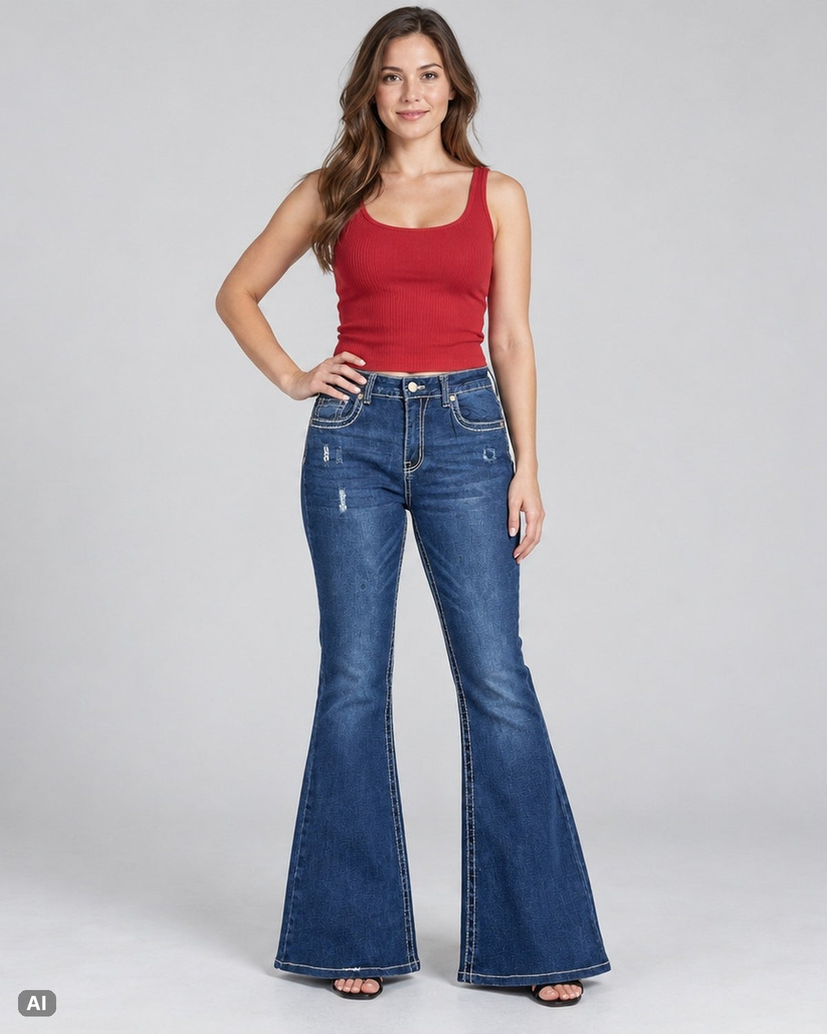 Bamboo Zickzack High Waist Flare Jeans – Gr. EU 36 / S – Ganzkörper, KI-Visualisierung am Model