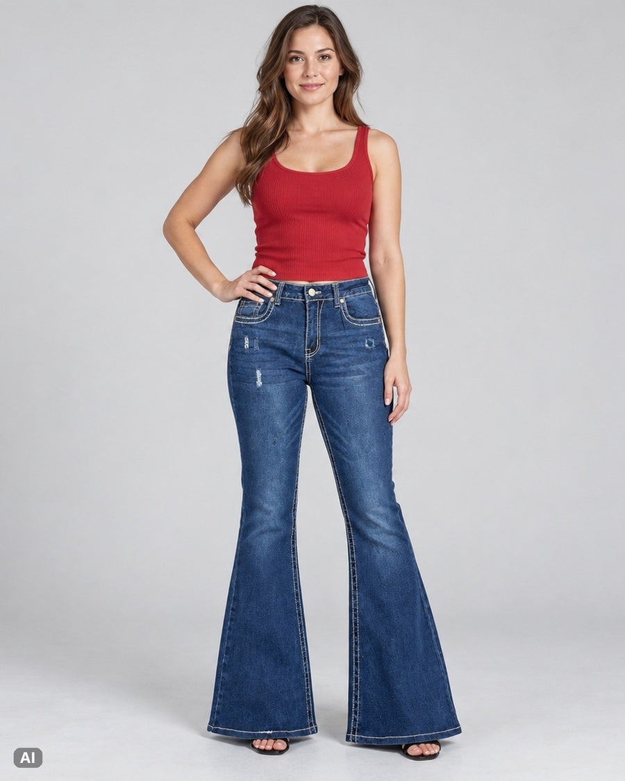 Bamboo Zickzack High Waist Flare Jeans – Gr. EU 36 / S – Ganzkörper, KI-Visualisierung am Model