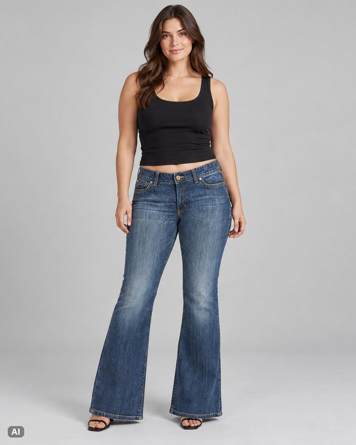 Gap Curvy Low Rise Flare Jeans – Gr. EU 36 / S – Ganzkörper, KI-Visualisierung am Model