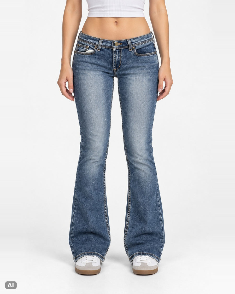 Express Low Rise Bootcut Jeans – Gr. EU 34 / XS – Ganzkörper, KI-Visualisierung am Model
