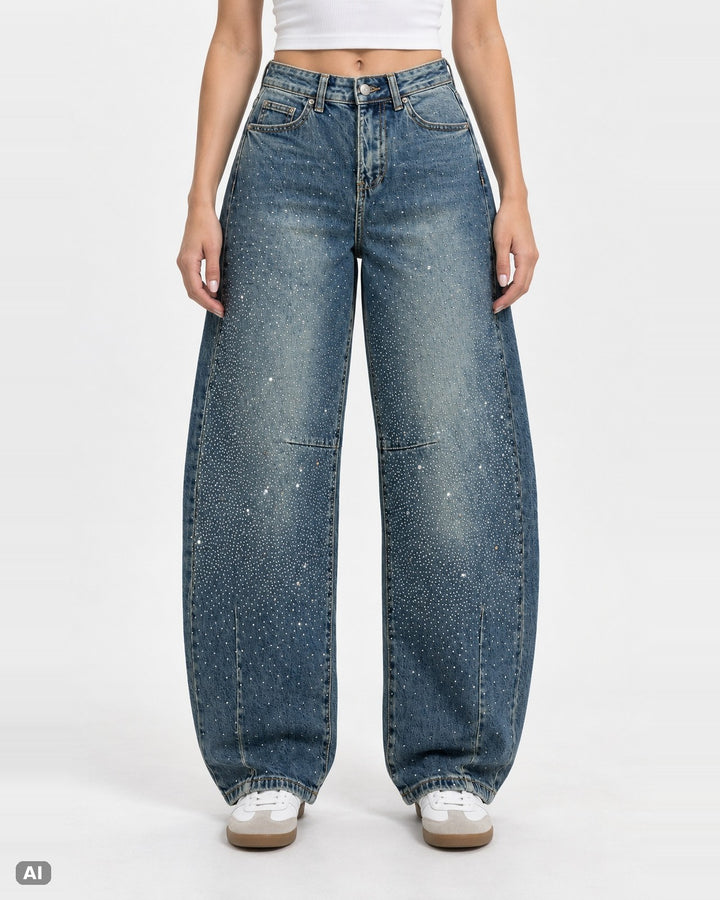 Marivy Strass High Rise Wide Leg Jeans – Ganzkörper, KI-Visualisierung am Model