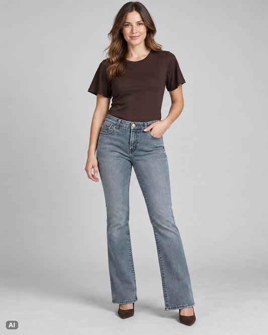 St. John’s Bay Low Rise Bootcut Jeans – Gr. W25 / EU 36 / S – Ganzkörper, KI-Visualisierung am Model