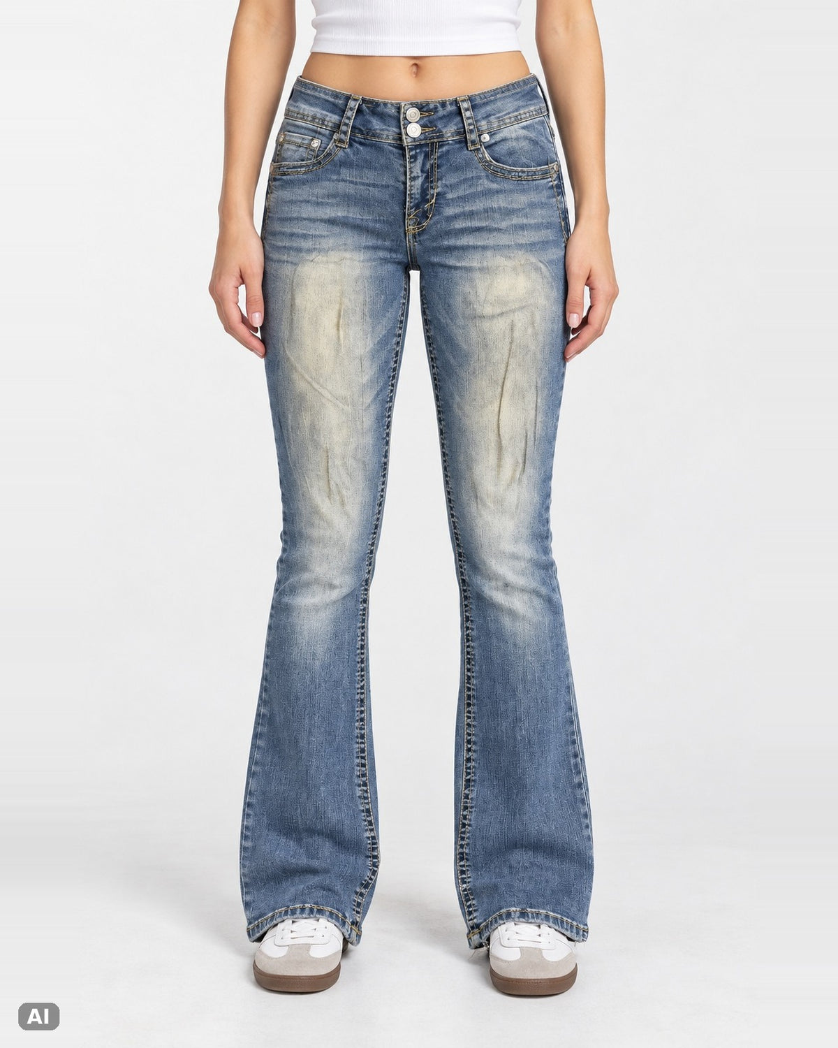 Wallflower Luscious Curvy Mid-Waist Bootcut-Jeans – Gr. EU 34 / XS – Ganzkörper, KI-Visualisierung am Model