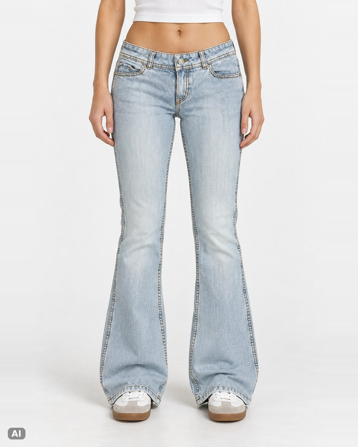 London Jean Low Waist Bootcut Jeans – Gr. EU 34 / XS – Ganzkörper, KI-Visualisierung am Model