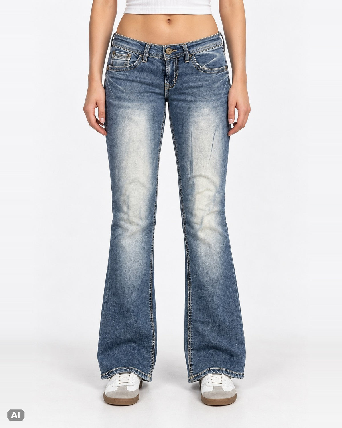 WallFlower Low Waist Bootcut Jeans – Gr. EU 32 / XXS – Ganzkörper, KI-Visualisierung am Model