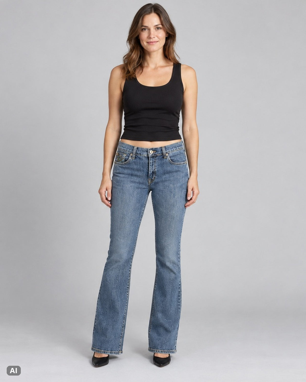 Zya Spiralstickerei Mid Rise Bootcut Jeans – Gr. EU 38 / M – Ganzkörper, KI-Visualisierung am Model