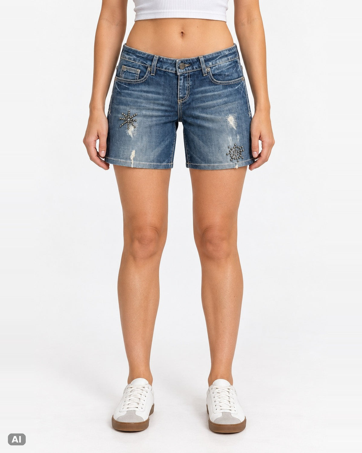 Guess Starlight Low Rise Straight Shorts – Gr. EU 40 / L – Ganzkörper, KI-Visualisierung am Model