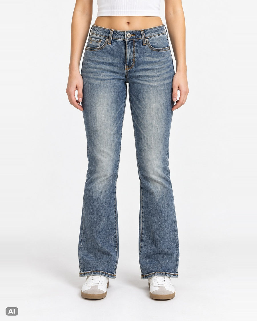Vintage Strass Mid-Waist Bootcut-Jeans – Gr. EU 34 / XS – Ganzkörper, KI-Visualisierung am Model