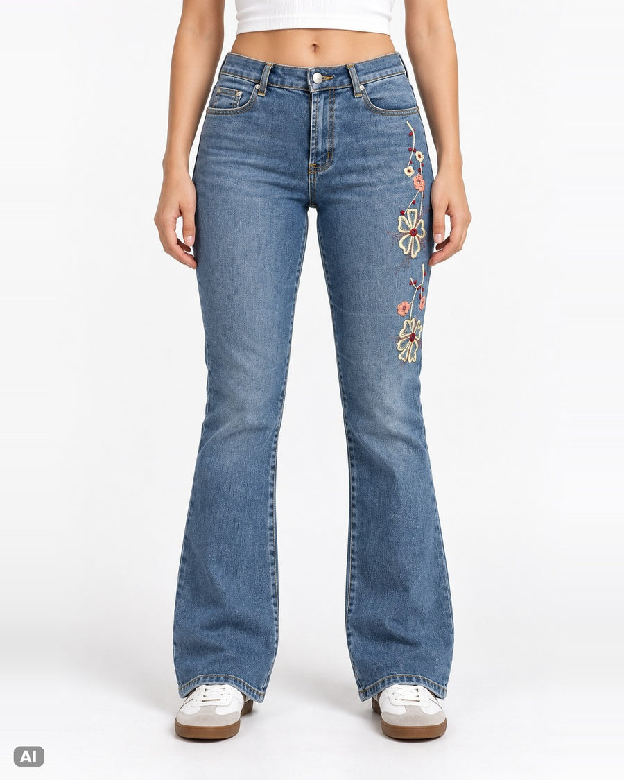 Vintage Blumenstickerei High Waist Bootcut Jeans – Gr. EU 34 / XS – Ganzkörper, KI-Visualisierung am Model