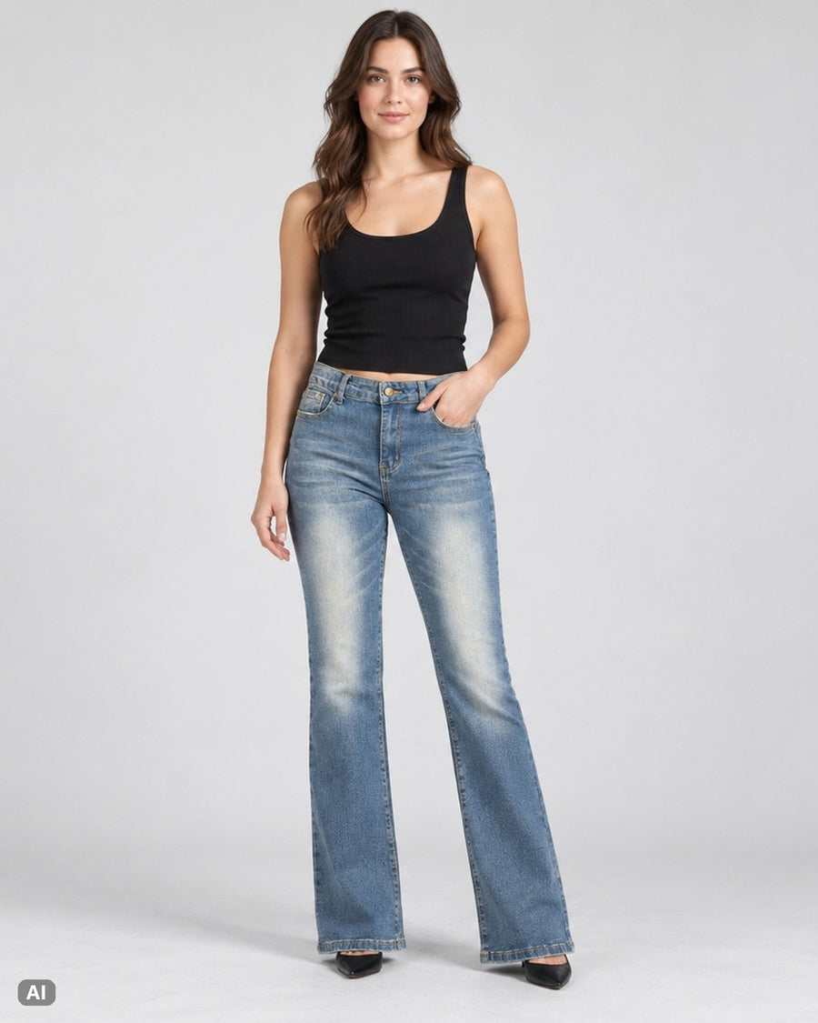 Vintage High Waist Bootcut Jeans – Gr. EU 36 / S – Ganzkörper, KI-Visualisierung am Model