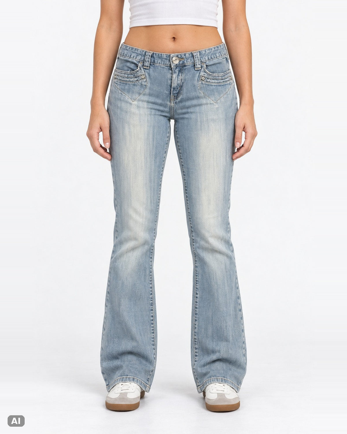 Daisy Fuentes Mid Waist Bootcut Jeans – Gr. EU 42 / XL – Ganzkörper, KI-Visualisierung am Model