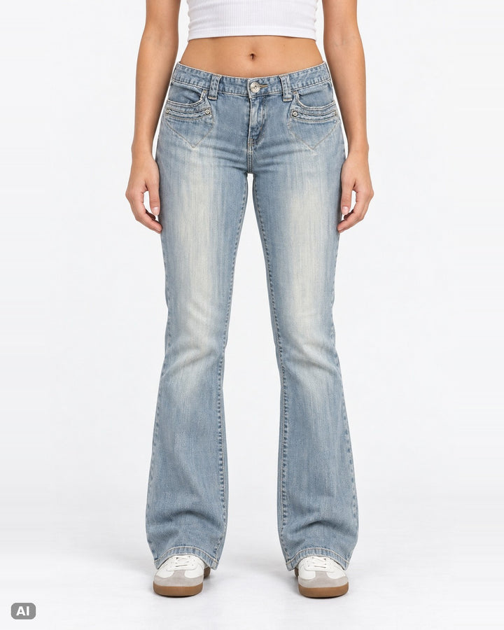 Daisy Fuentes Mid Waist Bootcut Jeans – Gr. EU 42 / XL – Ganzkörper, KI-Visualisierung am Model