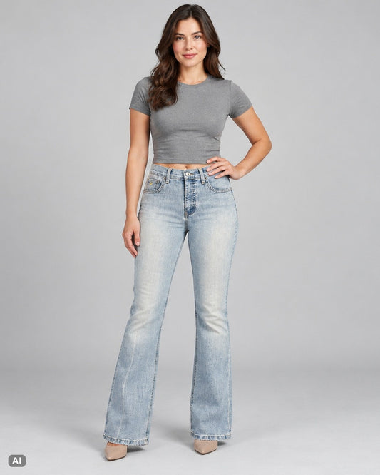 Gloria Vanderbilt High Waist Bootcut Jeans – Gr. EU 38 / M – Ganzkörper, KI-Visualisierung am Model