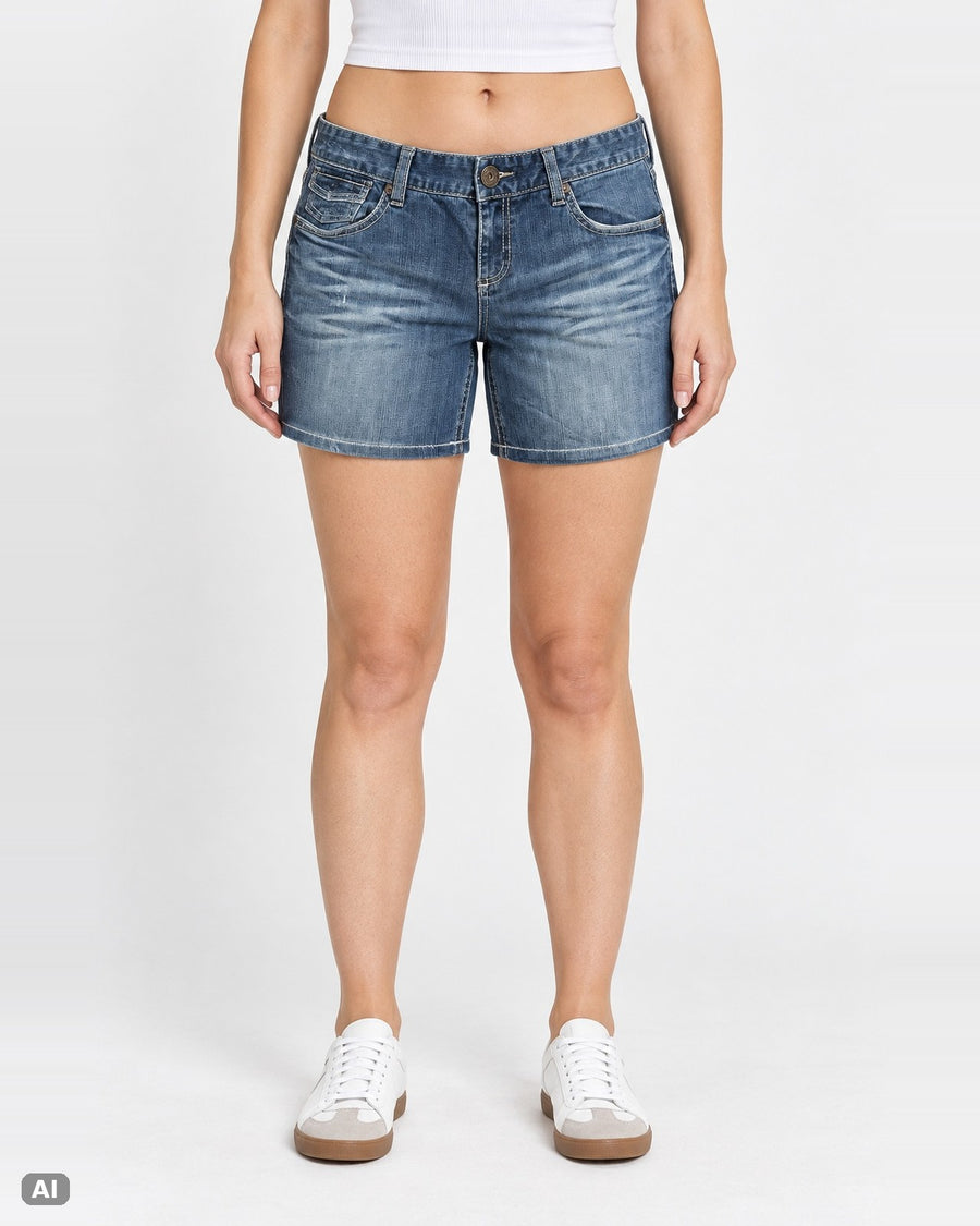 Maurices Low Waist Straight Jeansshorts – Gr. EU 38 / M – Ganzkörper, KI-Visualisierung am Model
