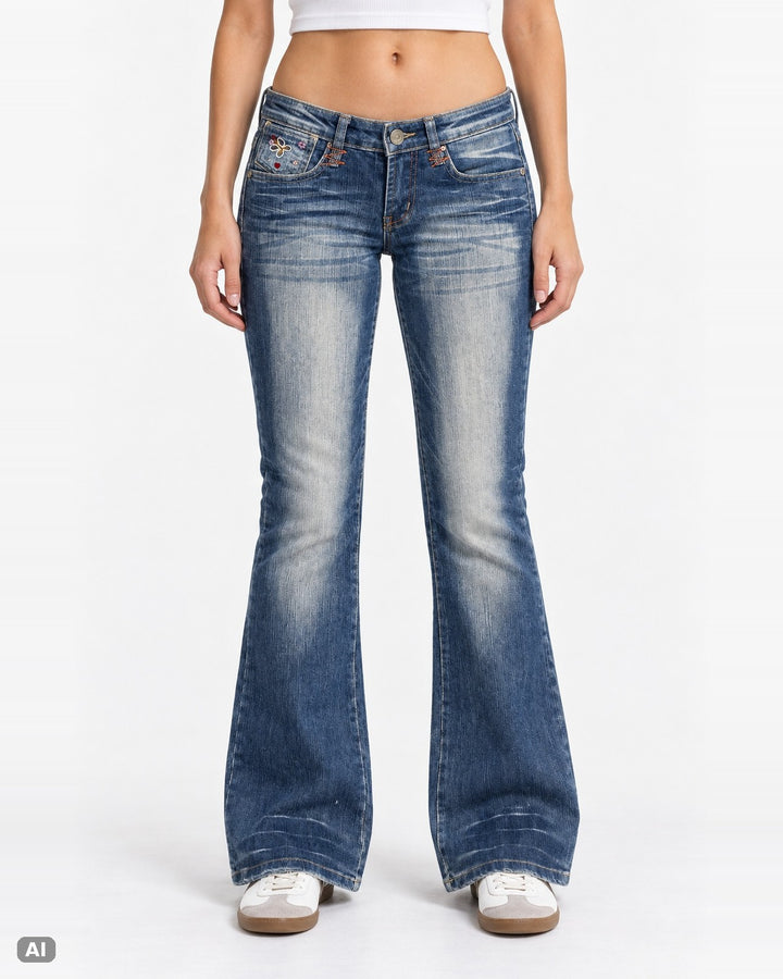 Obiettivo Industry Stickerei Low Rise Bootcut Jeans – Gr. EU 34 / XS – Ganzkörper, KI-Visualisierung am Model