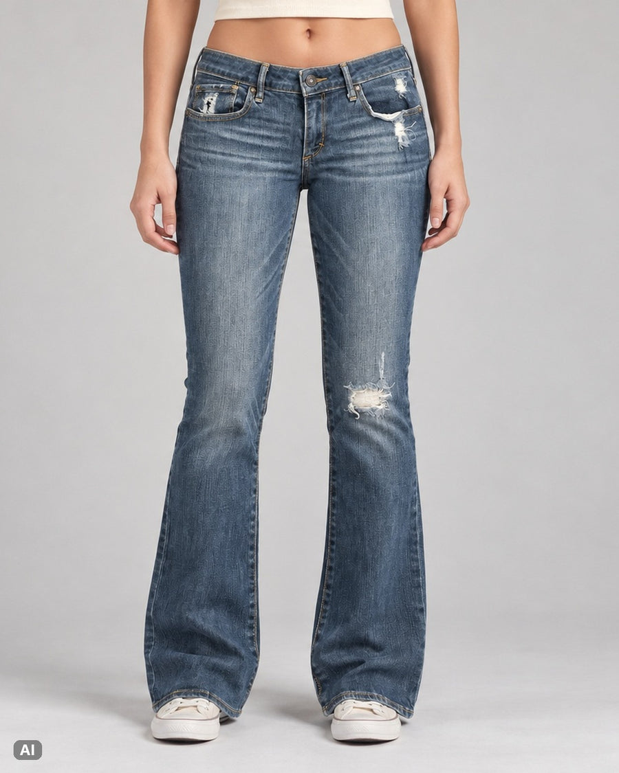 Abercrombie & Fitch Bootcut Low Waist Jeans – Gr. EU 34 / XS – Vorne, KI-Visualisierung am Model