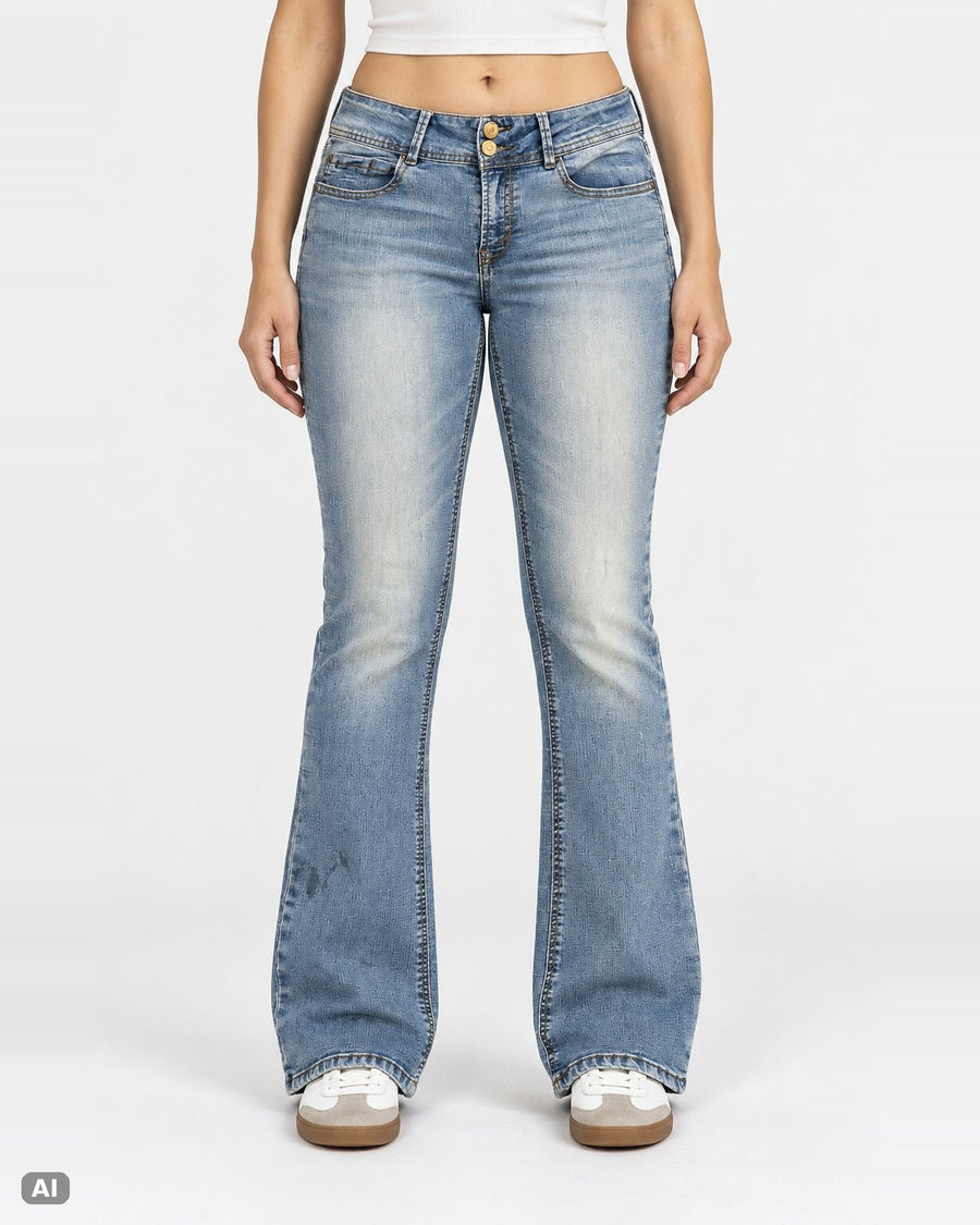 Wallflower Luscious Curvy Mid-Waist-Bootcut-Jeans – Gr. EU 36 / S – Ganzkörper, KI-Visualisierung am Model