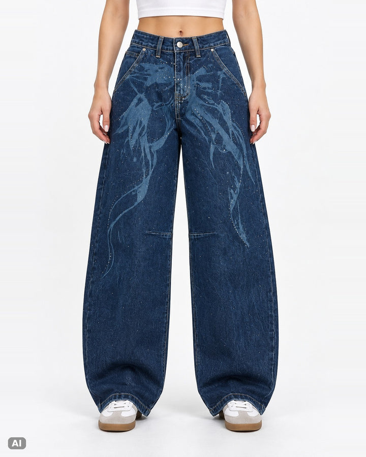 Marivy Strass High Rise Wide Leg Jeans – Ganzkörper, KI-Visualisierung am Model