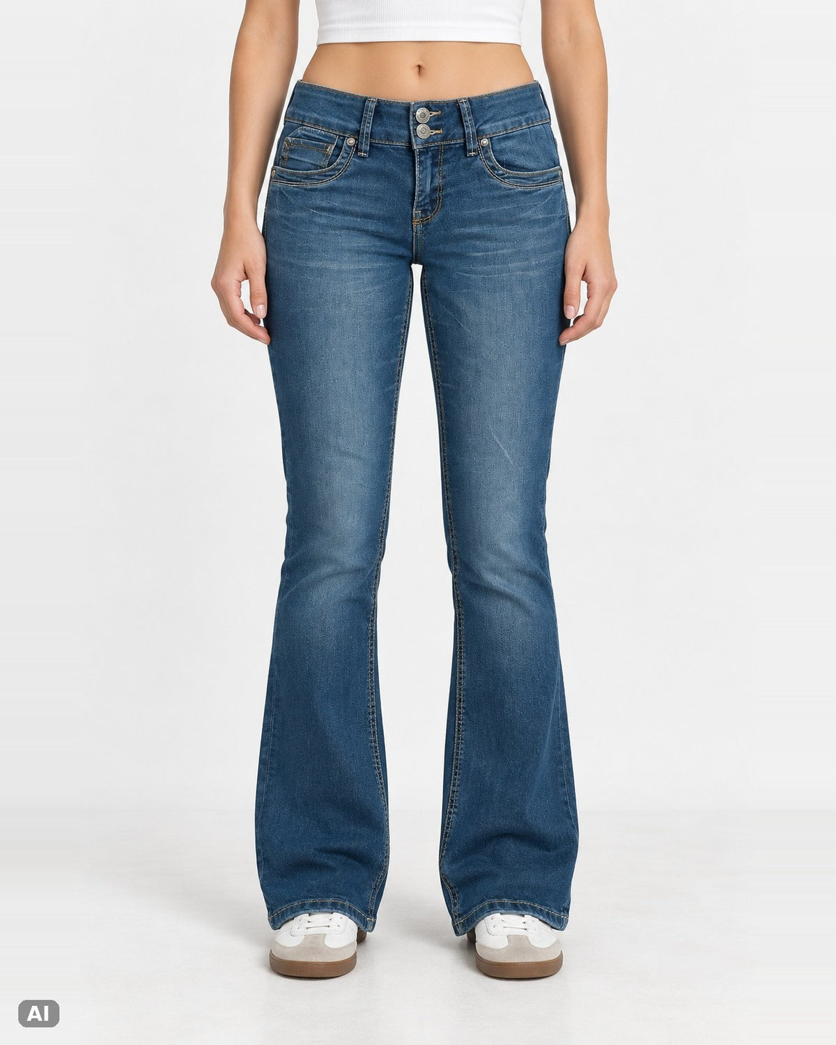 Recruit Jeans Low Waist Bootcut-Jeans – Gr. EU 34 / XS – Ganzkörper, KI-Visualisierung am Model