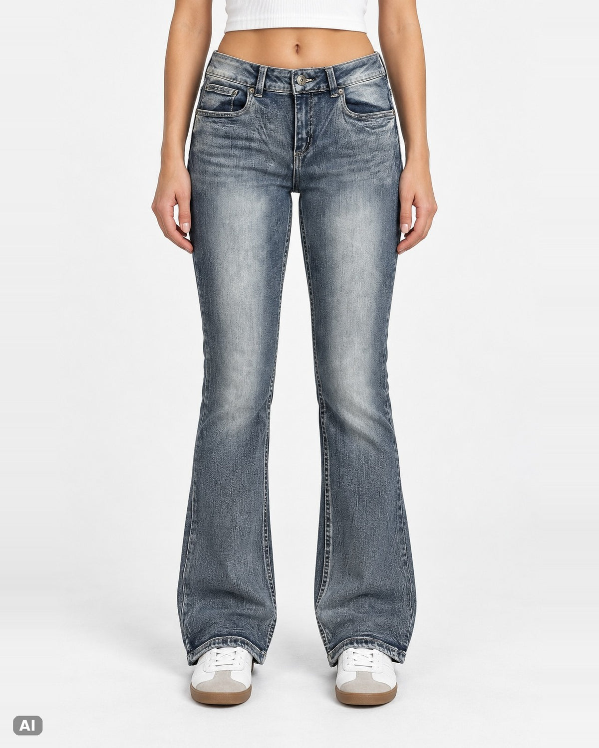 Jeanologie High Waist Bootcut Jeans – Gr. EU 40 / L – Ganzkörper, KI-Visualisierung am Model