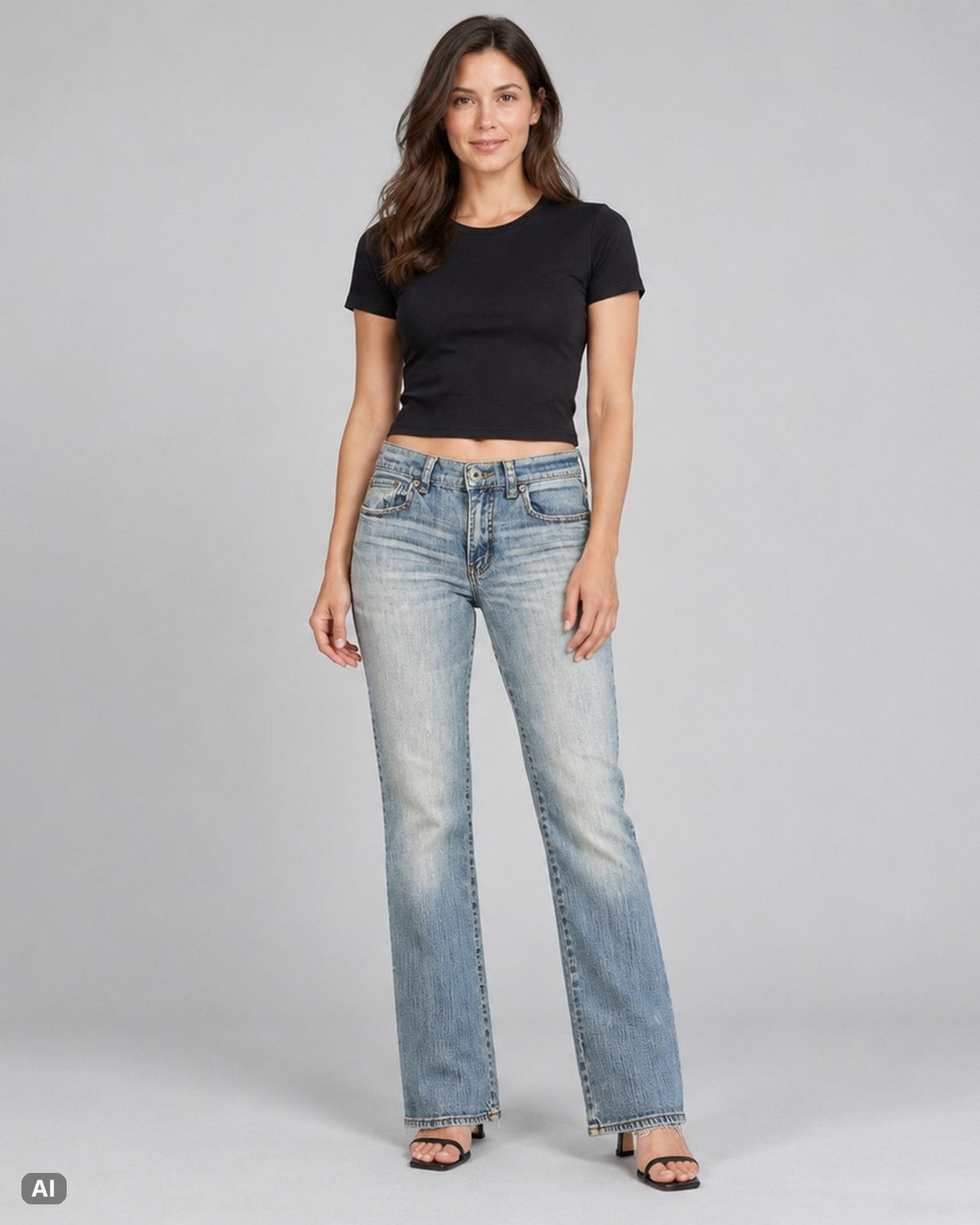 New York & Company Bootcut Mid Rise Jeans – Gr. EU 38 / M – Ganzkörper, KI-Visualisierung am Model