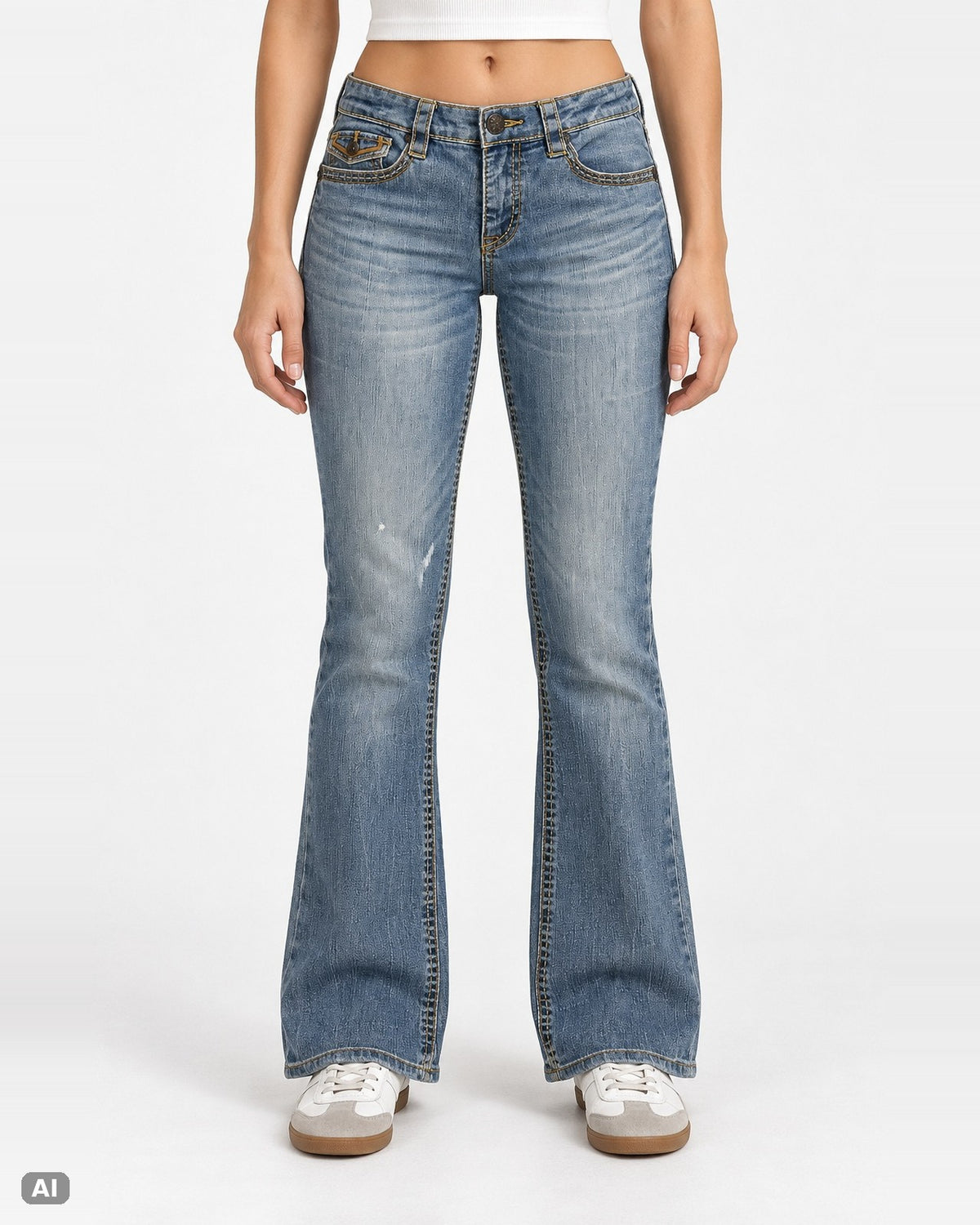Supplies bestickte Mid-Rise-Bootcut-Jeans – Gr. EU 40 / L – Ganzkörper, KI-Visualisierung am Model