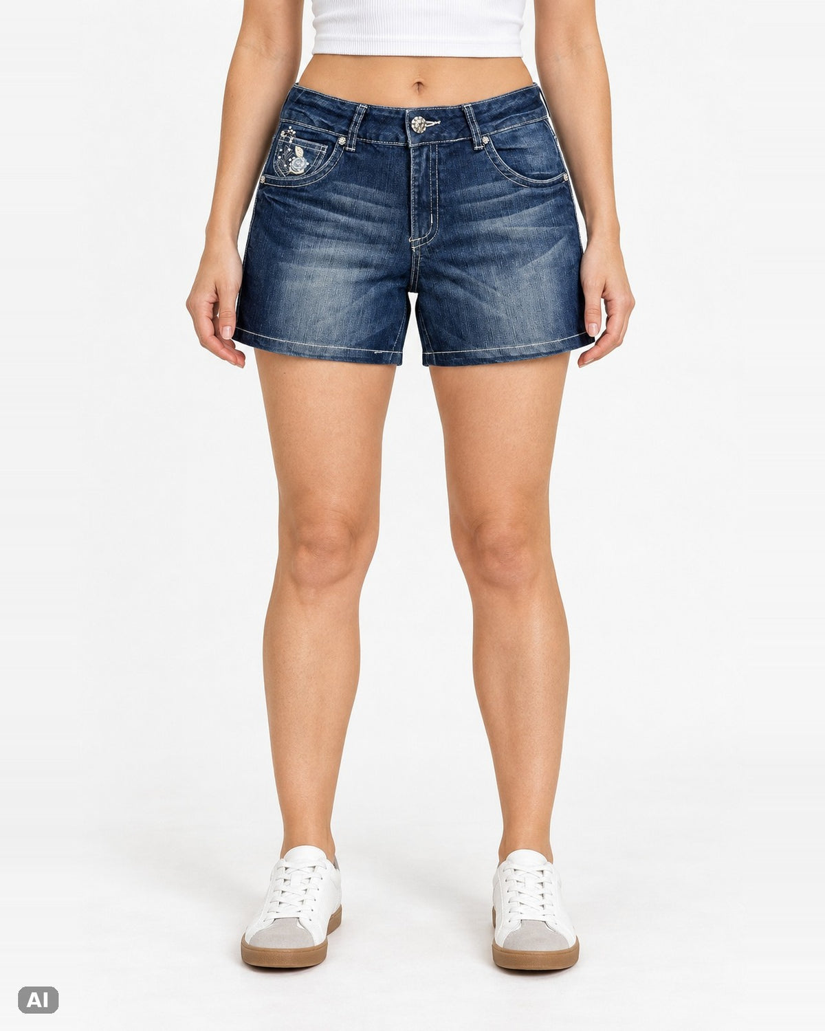 Mogul Blütenstickerei Mid Waist Jeansshorts – Gr. EU 34 / XS – Ganzkörper, KI-Visualisierung am Model