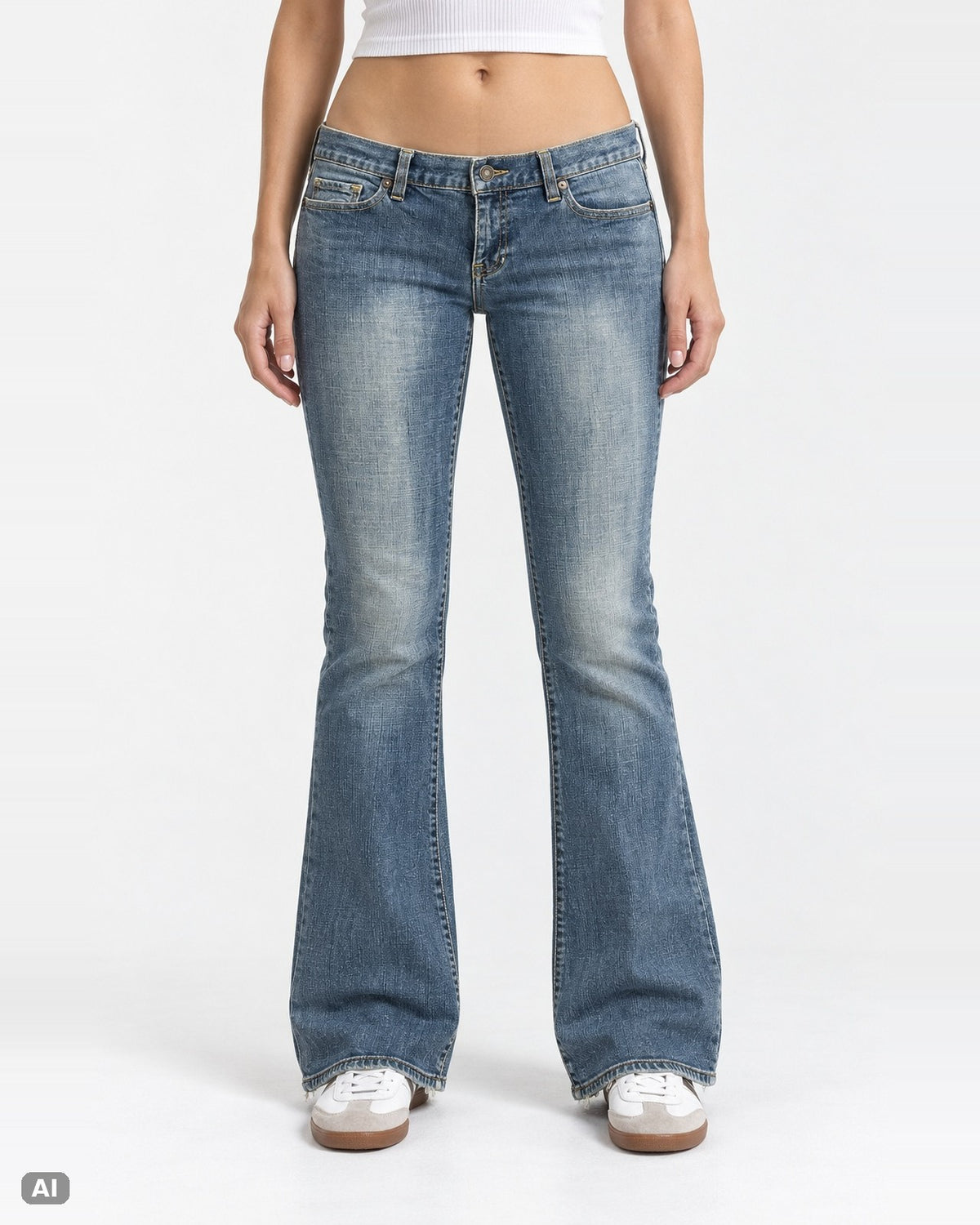 LEI Ultra Low Waist Bootcut-Jeans – Gr. EU 40 / L – Ganzkörper, KI-Visualisierung am Model