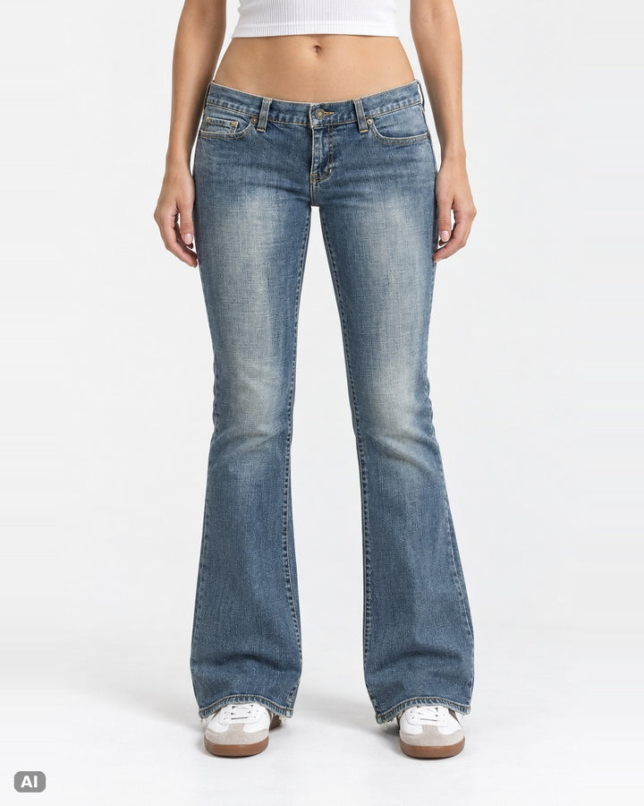 LEI Ultra Low Waist Bootcut-Jeans – Gr. EU 40 / L – Ganzkörper, KI-Visualisierung am Model