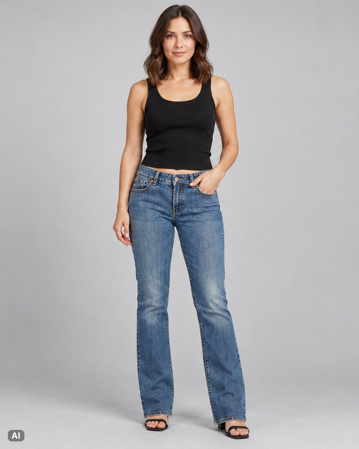 Ecko Platinum Mid Waist Bootcut-Jeans – Gr. EU 38 / M – Ganzkörper, KI-Visualisierung am Model