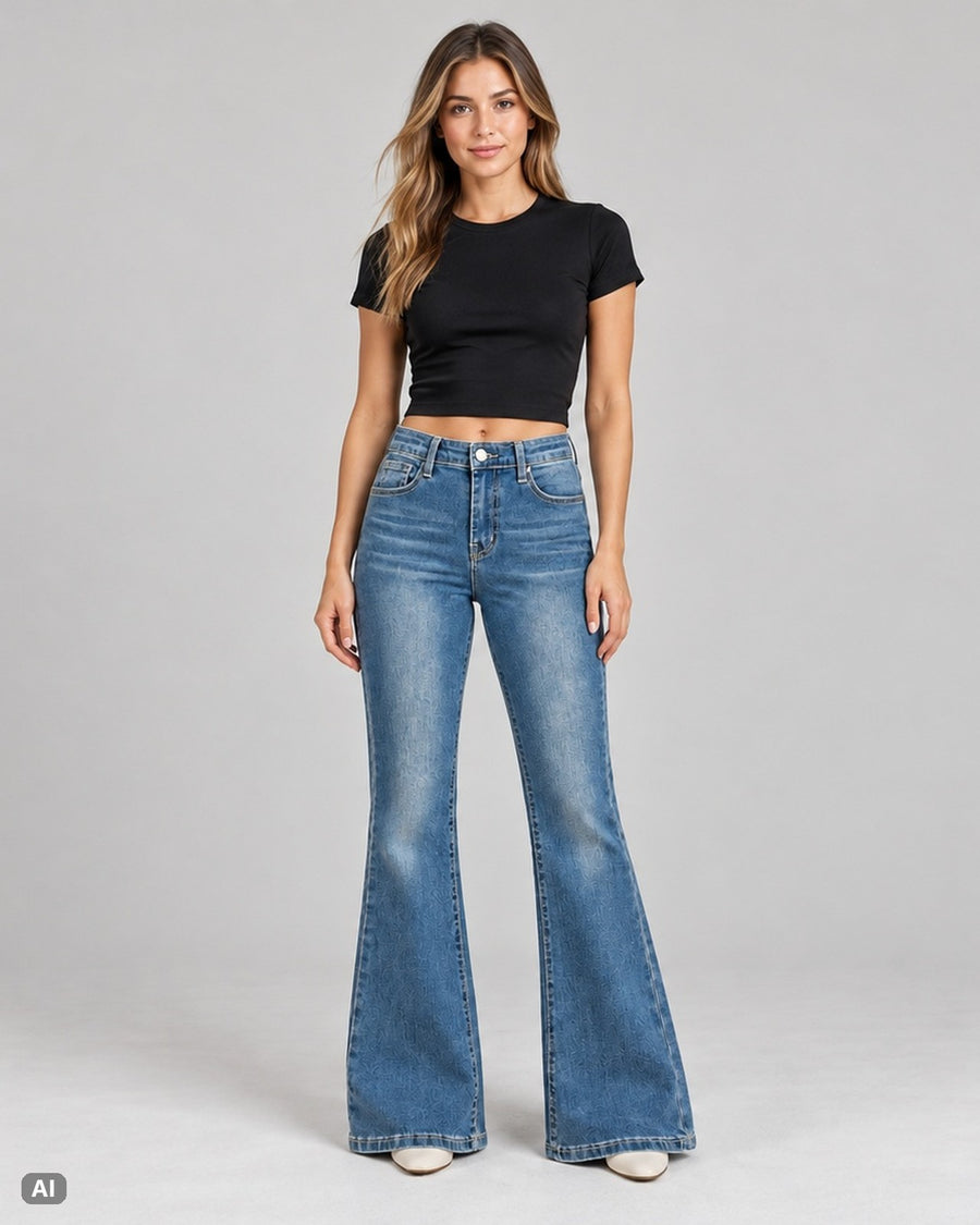 Y2K High Rise Bootcut Jeans – Gr. EU 34 / XS – Ganzkörper, KI-Visualisierung am Model