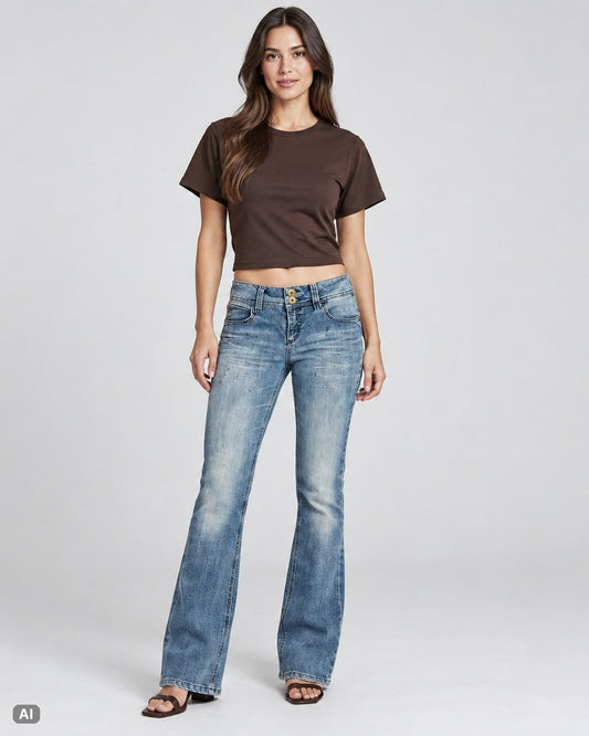 Yes Miss Skinny Boot Low Waist Bootcut Jeans – Gr. EU 36 / S – Ganzkörper, KI-Visualisierung am Model