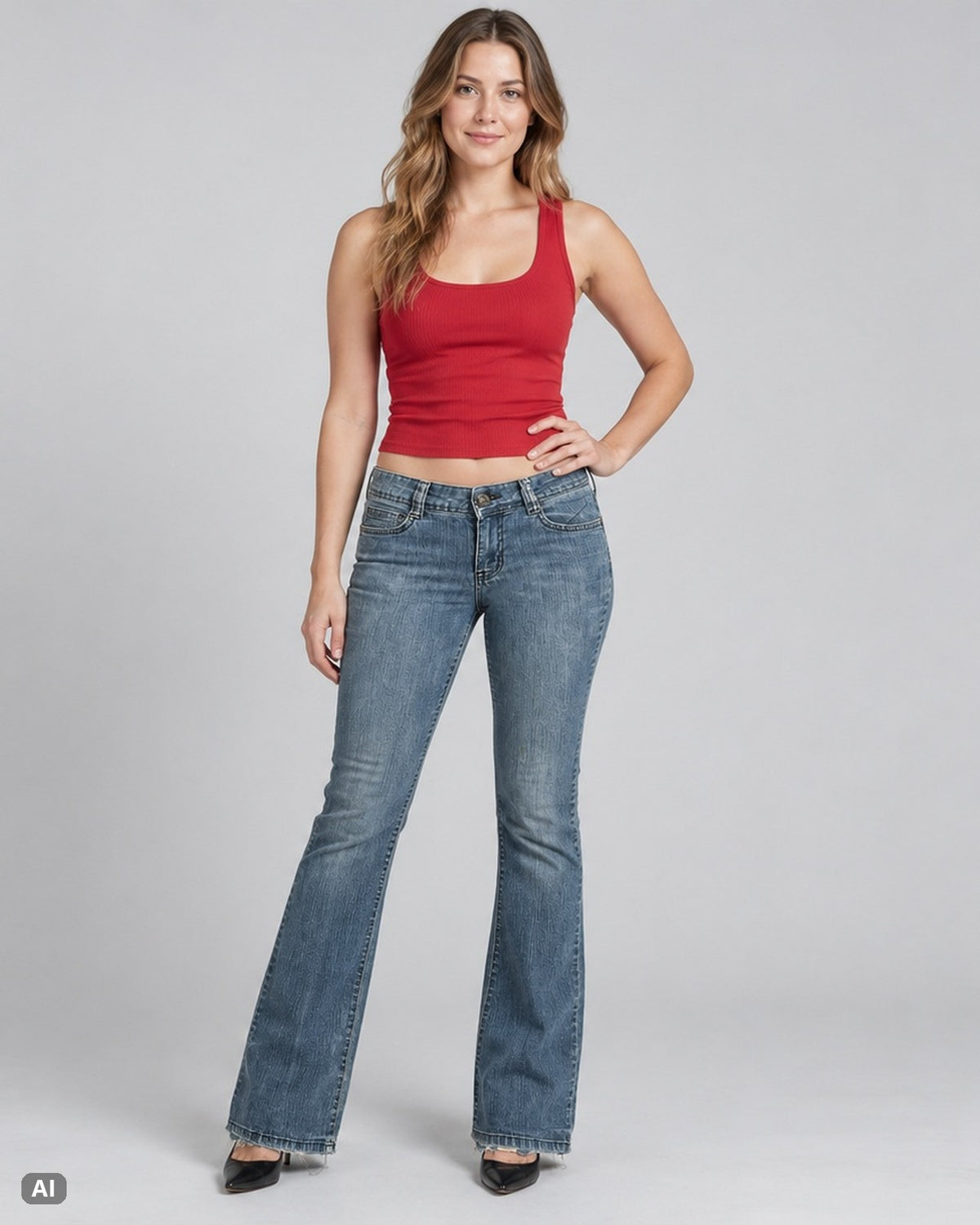 l.e.i Chelsea Low Rise Bootcut Jeans – Gr. EU 34 / XS – Ganzkörper, KI-Visualisierung am Model
