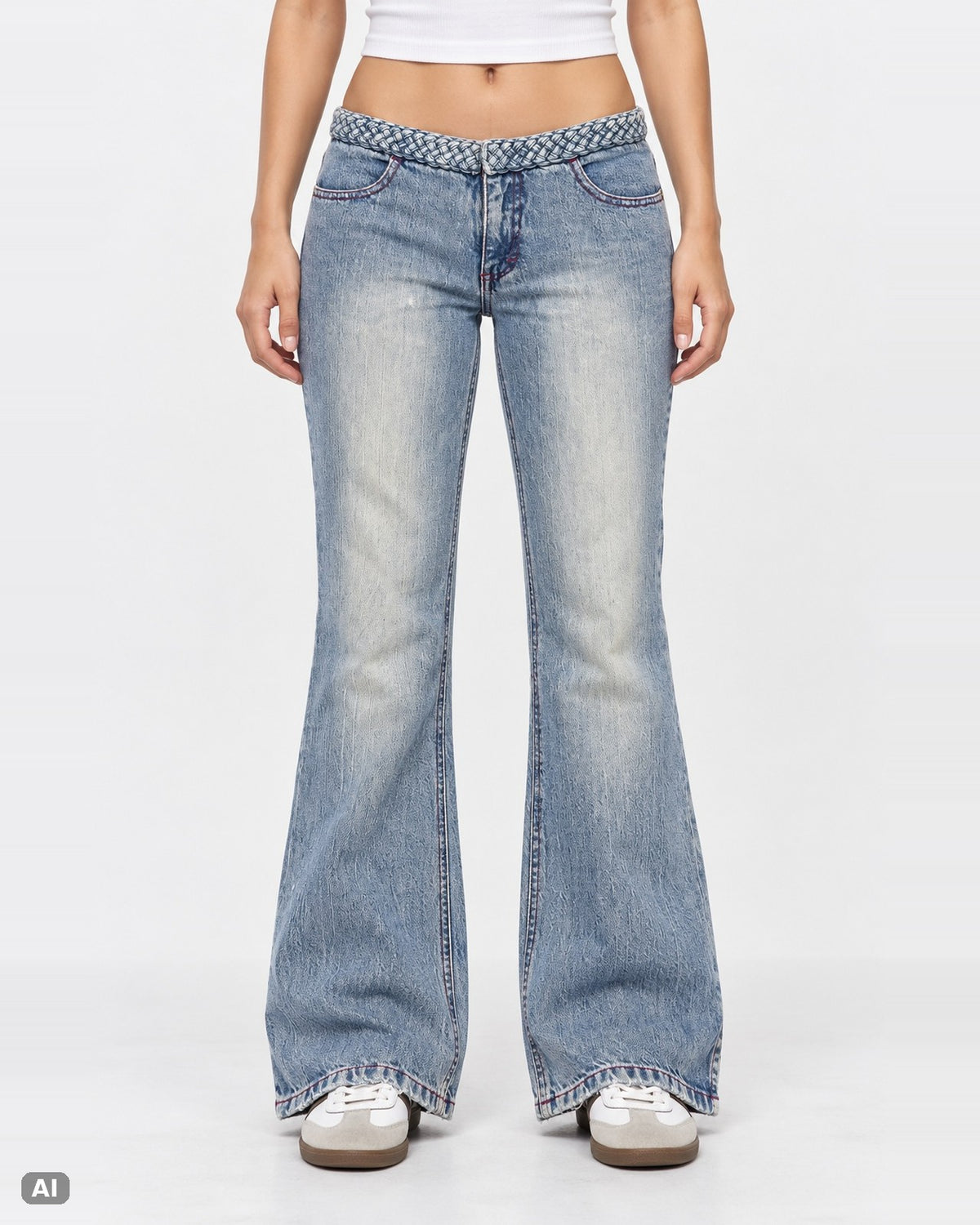 Unionbay Low Rise Flare Jeans – Gr. EU 32 / XS – Ganzkörper, KI-Visualisierung am Model