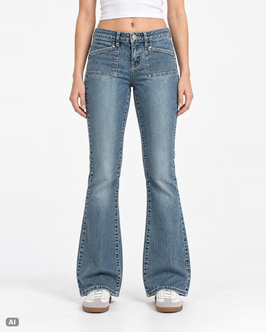 Fashion Bug Melrose Mid Waist Bootcut Jeans – Gr. EU 34 / XS – Ganzkörper, KI-Visualisierung am Model