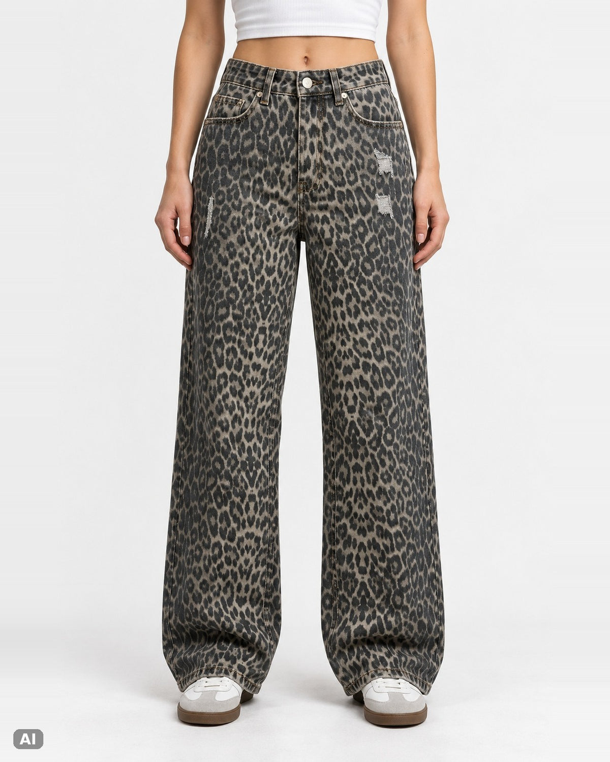 Marivy Wide Leg Jeans Damen mit Leopardenmuster Strass Taschen Y2K… – Ganzkörper, KI-Visualisierung am Model