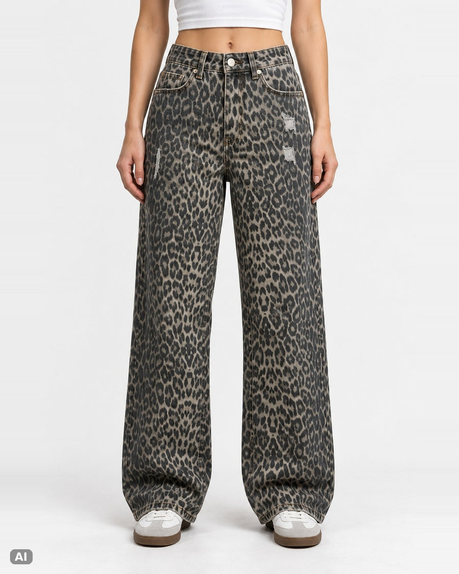 Marivy Wide Leg Jeans Damen mit Leopardenmuster Strass Taschen Y2K… – Ganzkörper, KI-Visualisierung am Model