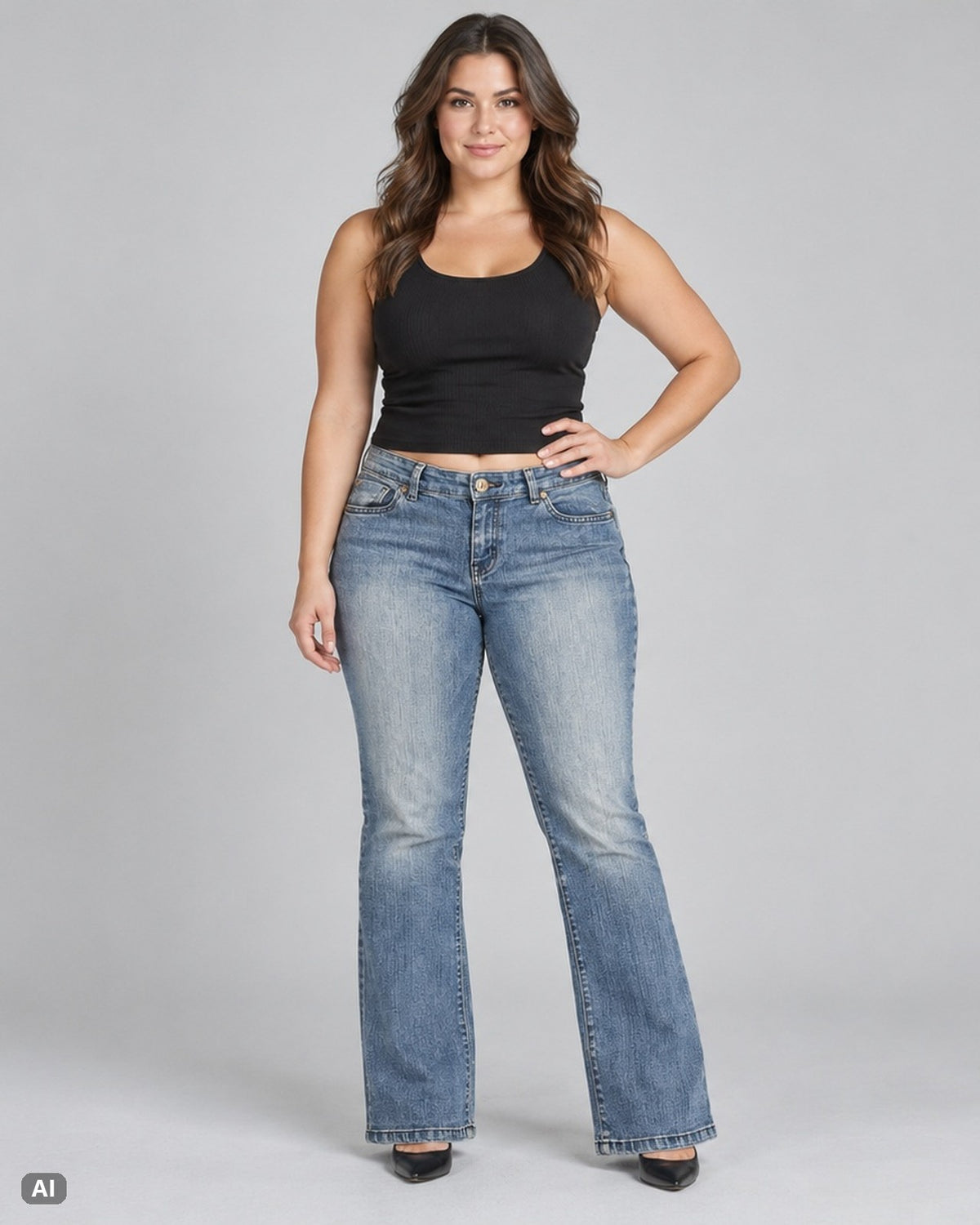 Style & Co. Denim Rauten Mid-Rise Bootcut-Jeans – Gr. EU 36 / S – Ganzkörper, KI-Visualisierung am Model