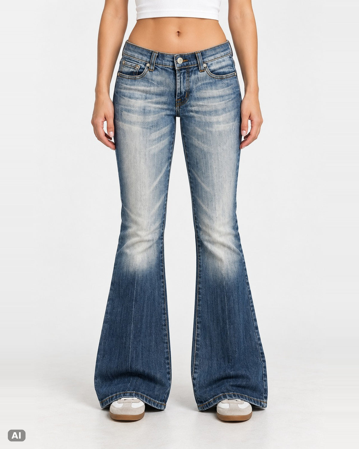 UB Jeans Flare Low Waist – Gr. EU 34 / XS – Ganzkörper, KI-Visualisierung am Model