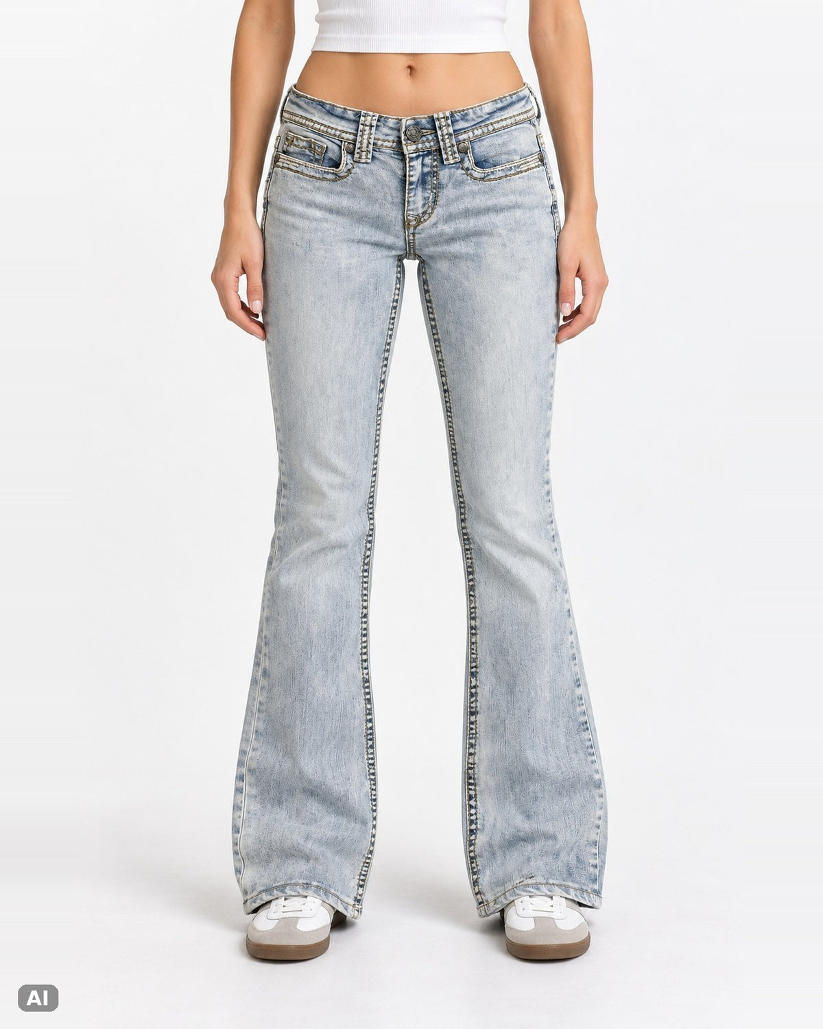 Shyanne Low Rise Bootcut Jeans – Gr. EU 34 / XS – Ganzkörper, KI-Visualisierung am Model