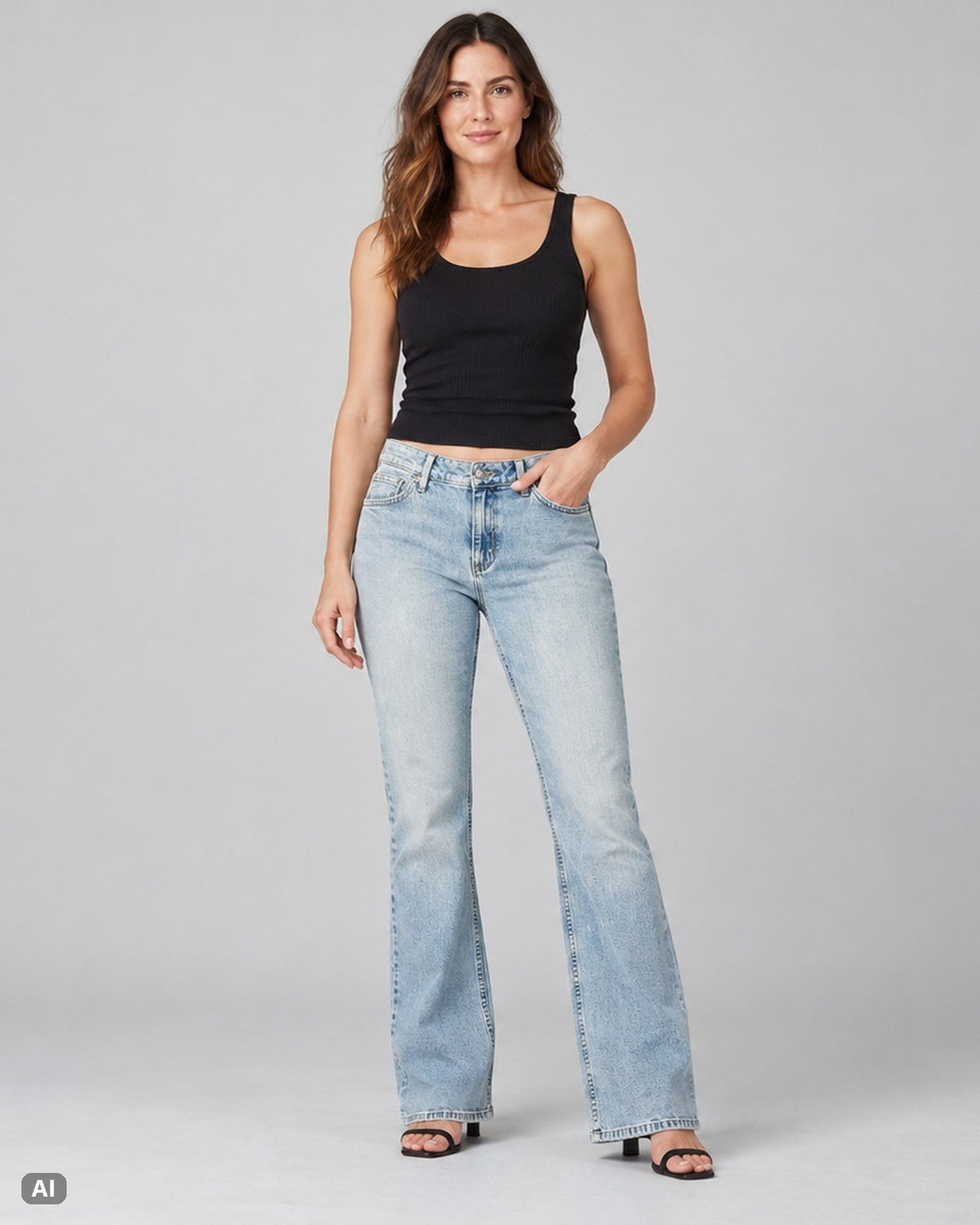 J.Jill Acid-Waschung Mid Waist Bootcut-Jeans – Gr. EU 38 / M – Ganzkörper, KI-Visualisierung am Model