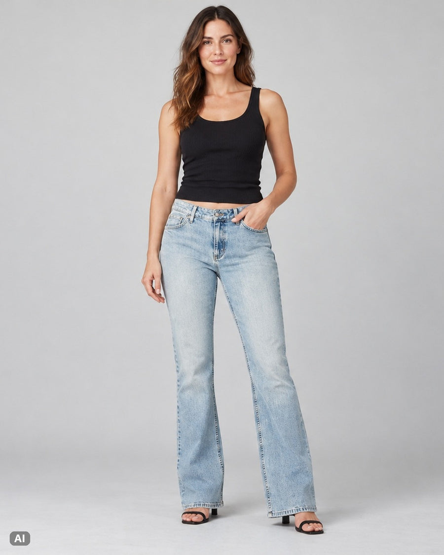 J.Jill Acid-Waschung Mid Waist Bootcut-Jeans – Gr. EU 38 / M – Ganzkörper, KI-Visualisierung am Model