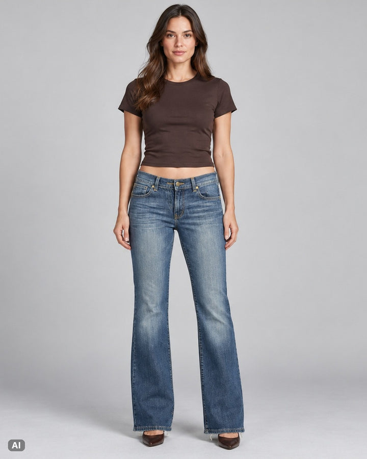 INC International Concepts Low-Waist-Bootcut-Jeans – Gr. EU 40 / L – Ganzkörper, KI-Visualisierung am Model