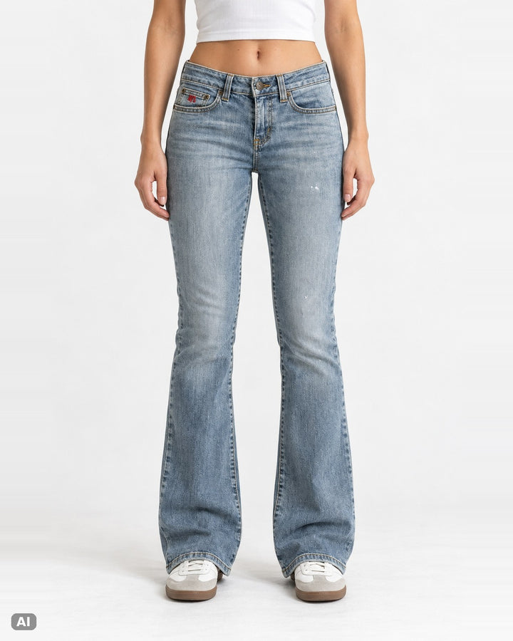 NFL Wellenstickerei Mid Rise Bootcut-Jeans – Gr. EU 34 / XS – Ganzkörper, KI-Visualisierung am Model